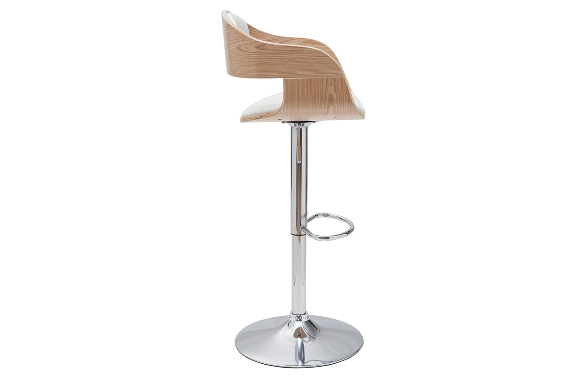 Taburete de bar moderno regulable blanco y madera clara EUSTACHE