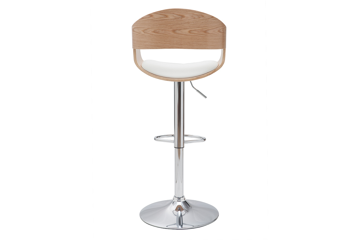 Taburete de bar moderno regulable blanco y madera clara EUSTACHE