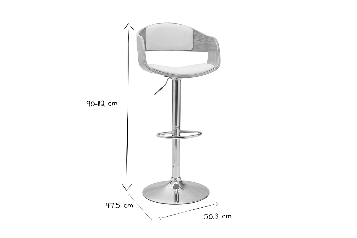 Taburete de bar moderno regulable blanco y madera clara EUSTACHE