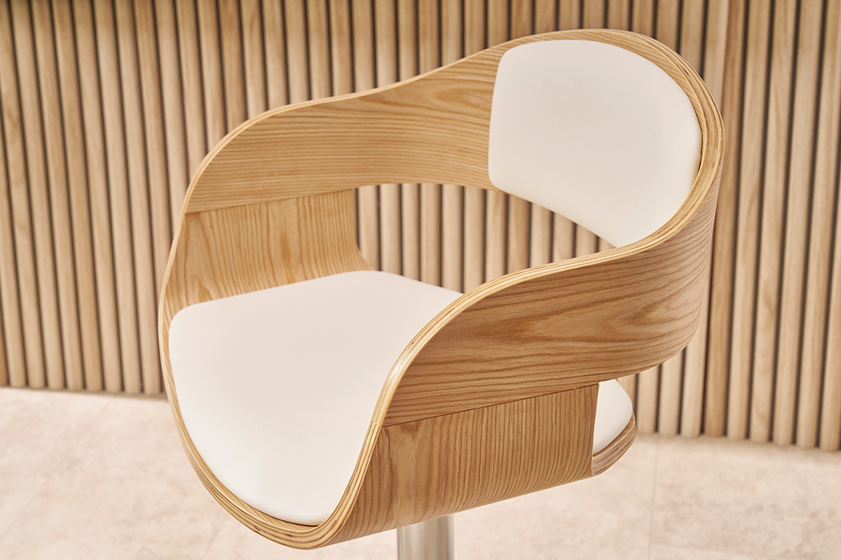 Taburete de bar moderno regulable blanco y madera clara EUSTACHE