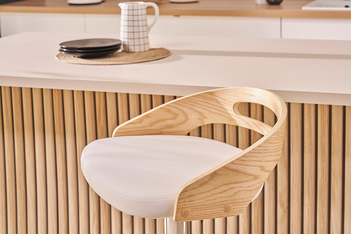 Taburete de bar regulable en altura moderno madera clara y blanco MANO