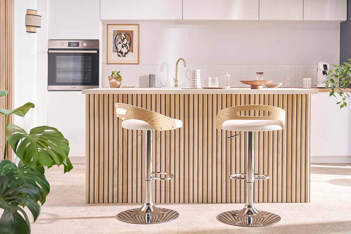 Taburete de bar regulable en altura moderno madera clara y blanco MANO