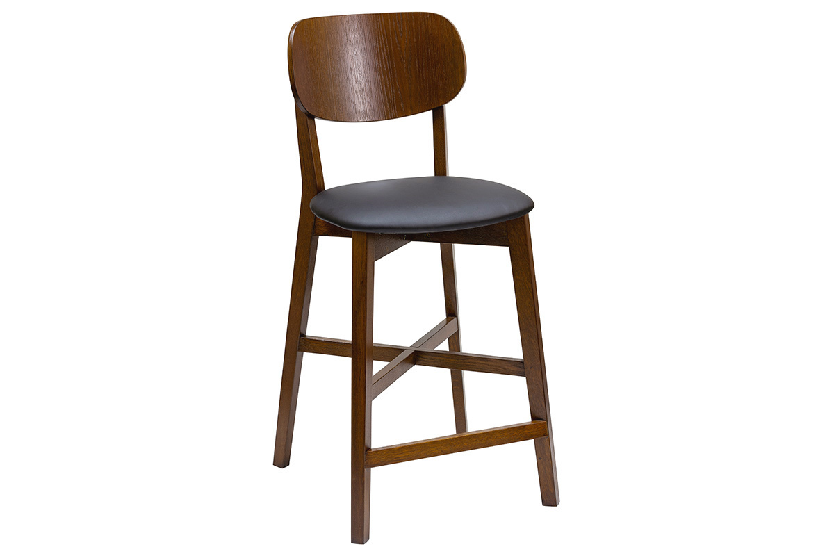 Taburete de cocina con acabado nogal y asiento negro 65cm de altura LUCIA