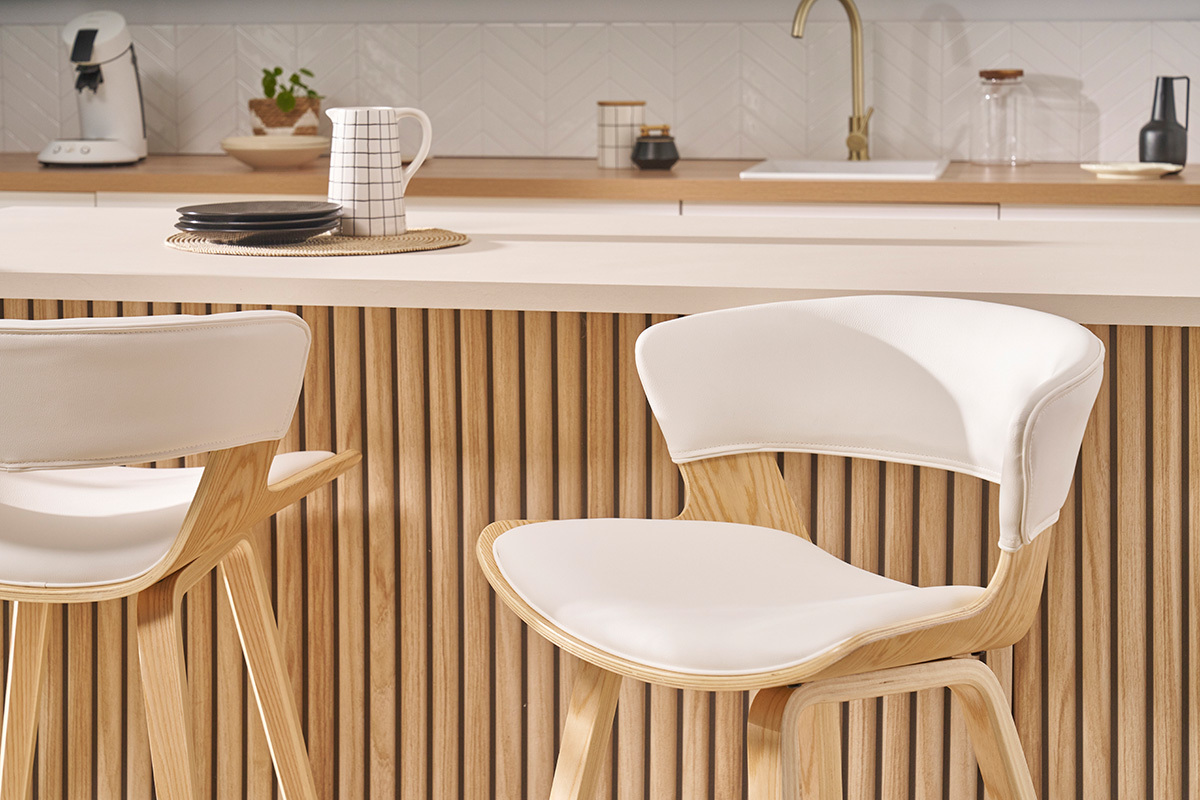 Taburete de cocina de diseo blanco con madera clara 65cm SYRAH