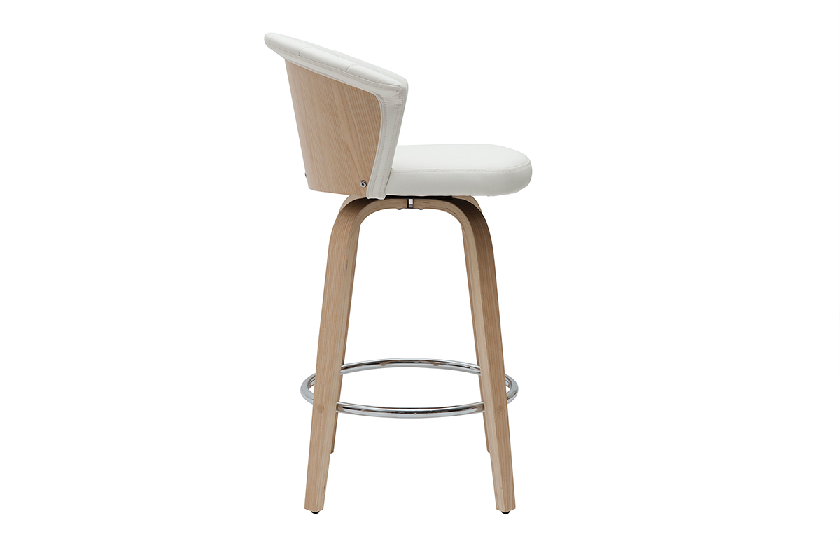 Taburete de cocina de diseo giratorio blanco con madera clara 65cm ALBIN