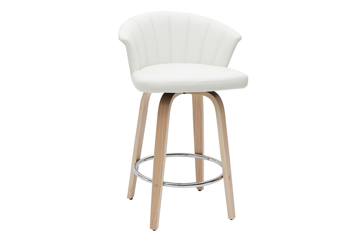 Taburete de cocina de diseo giratorio blanco con madera clara 65cm ALBIN