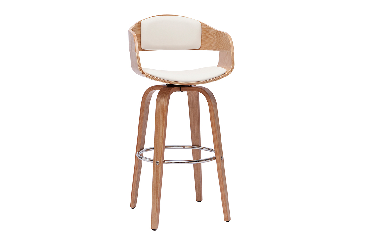 Taburete de cocina de diseo giratorio blanco con madera clara 67cm GAO