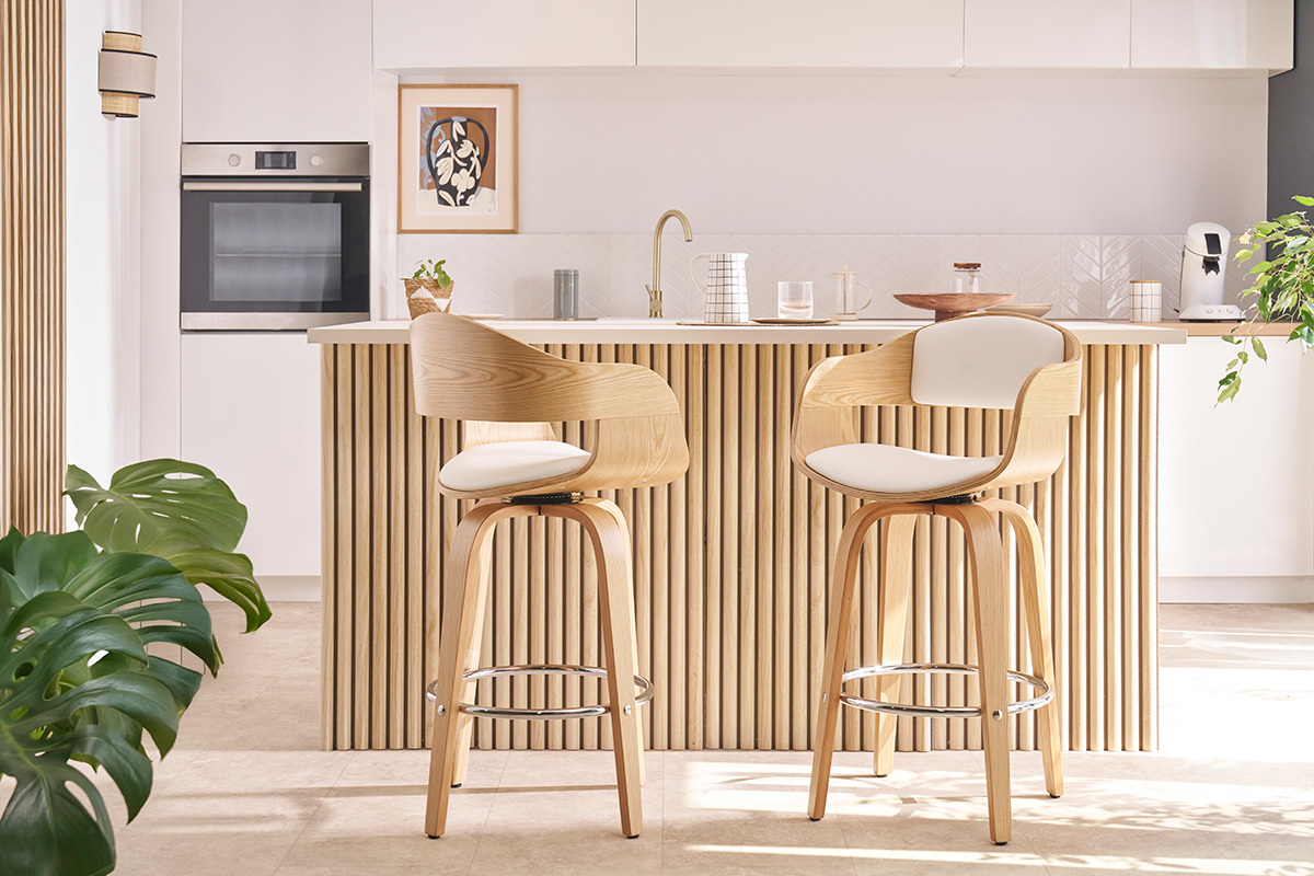 Taburete de cocina de diseo giratorio blanco con madera clara 67cm GAO