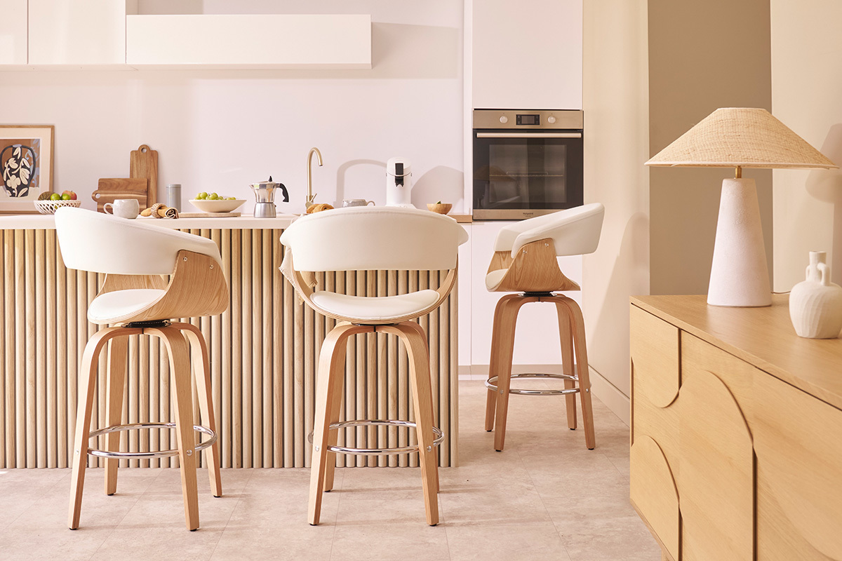 Taburete de cocina de diseo giratorio blanco y madera clara 67cm OKTAV