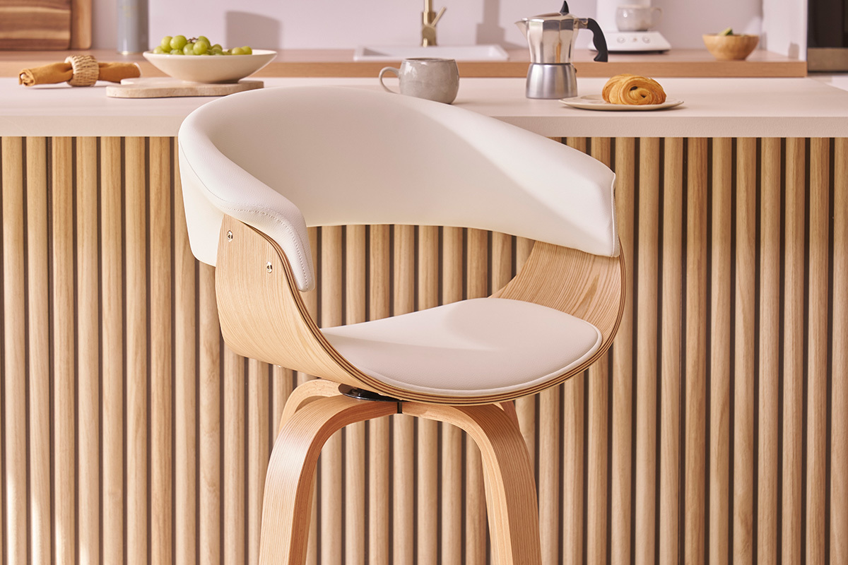 Taburete de cocina de diseo giratorio blanco y madera clara 67cm OKTAV