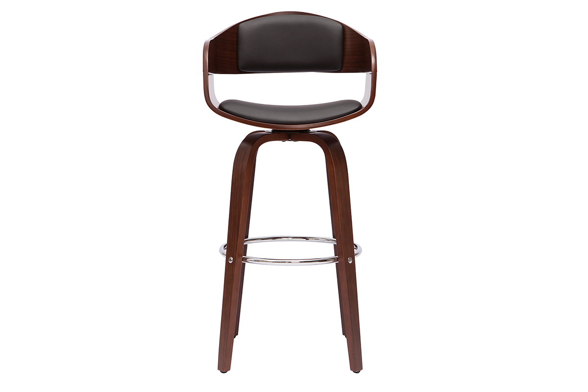 Taburete de bar negro y madera oscura con reposapi�s de metal, vista frontal.