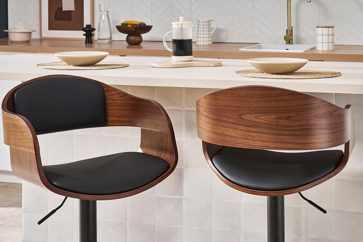 Taburete de cocina de diseo regulable negro con madera oscura EUSTACHE