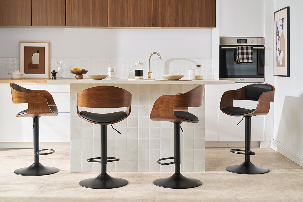 Taburete de cocina de diseo regulable negro con madera oscura EUSTACHE
