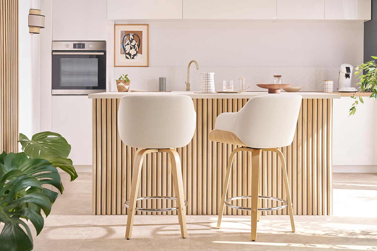 Taburete de cocina de madera clara y blanco 65cm LUCIEN