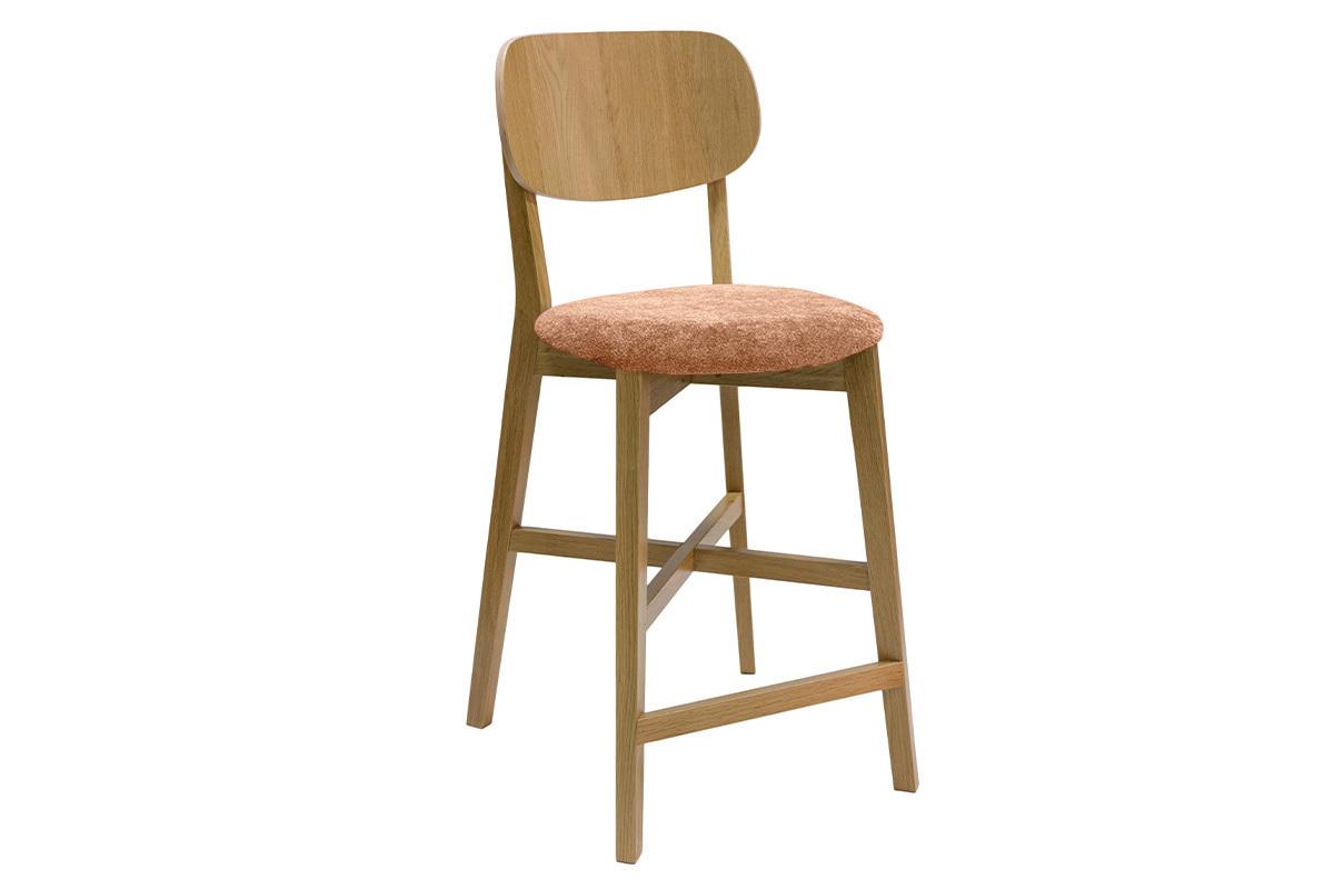 Taburete de cocina de madera de roble claro y tela efecto aterciopelado terracota 65 cm LUCIA
