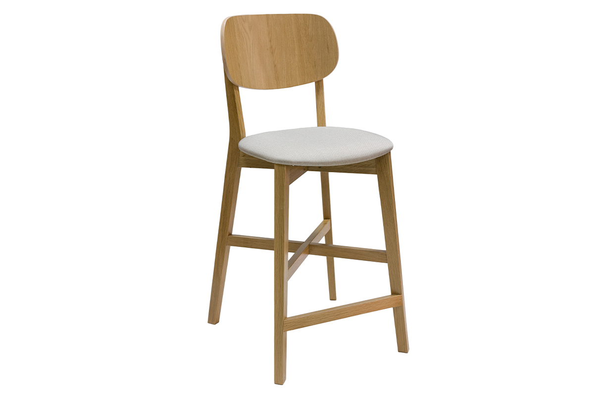 Taburete de cocina de roble macizo y tela beige 65 cm LUCIA