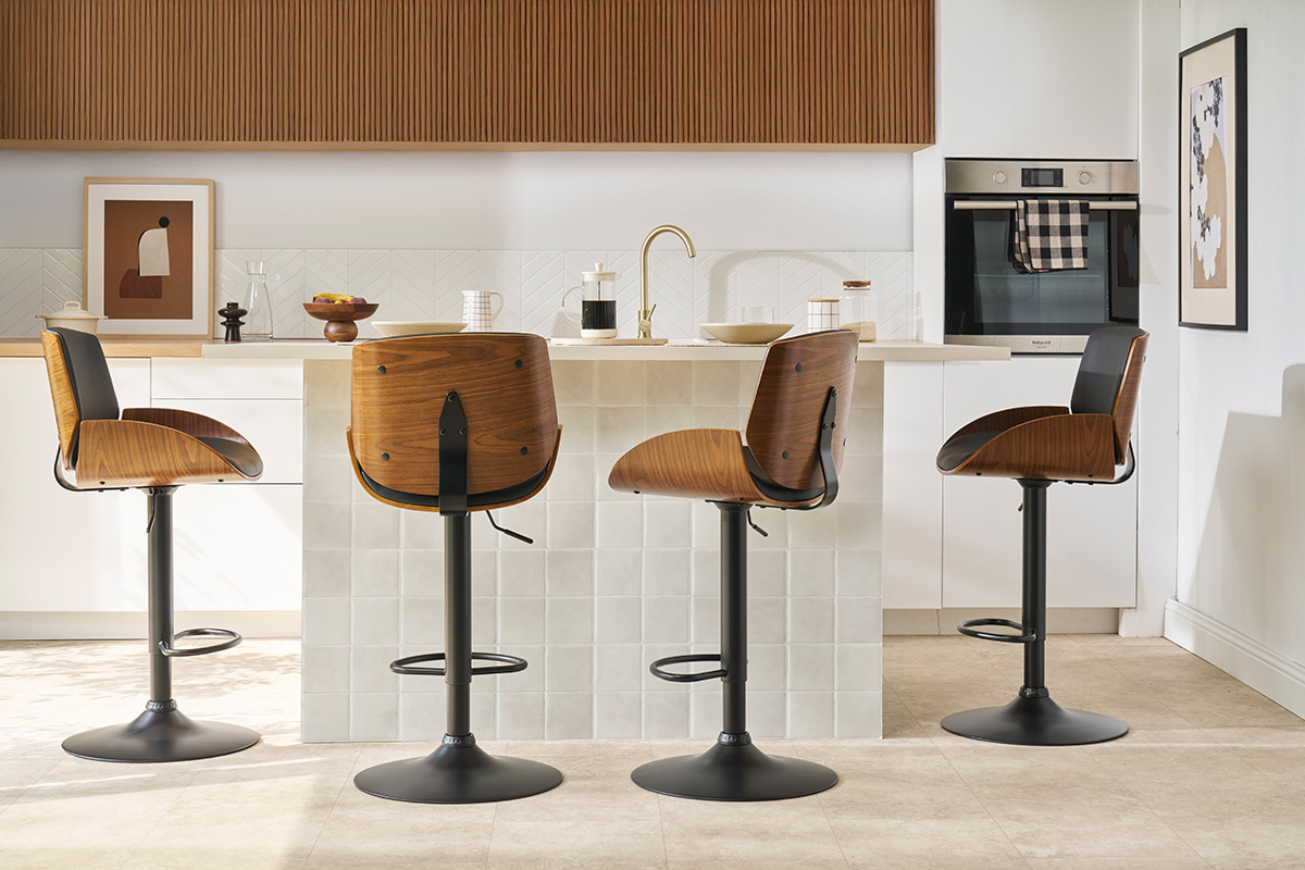 Taburete de cocina regulable blanco y madera clara VESPER