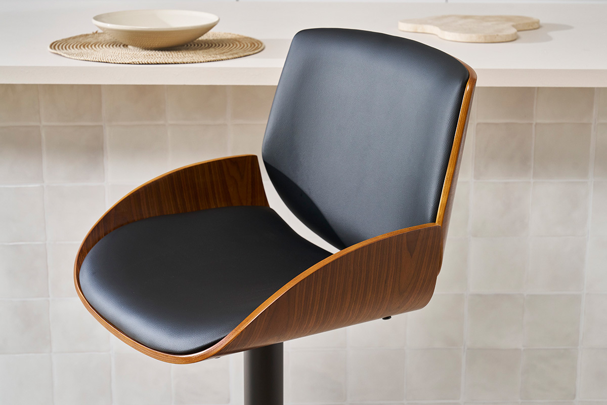 Taburete de cocina regulable negro con madera oscura VESPER