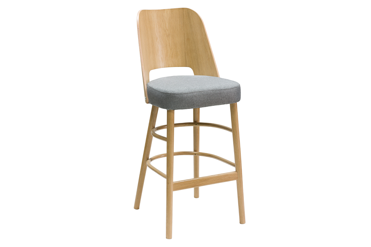 Taburete de cocina vintage de madera clara y tejido gris jaspeado 65cm EDITO