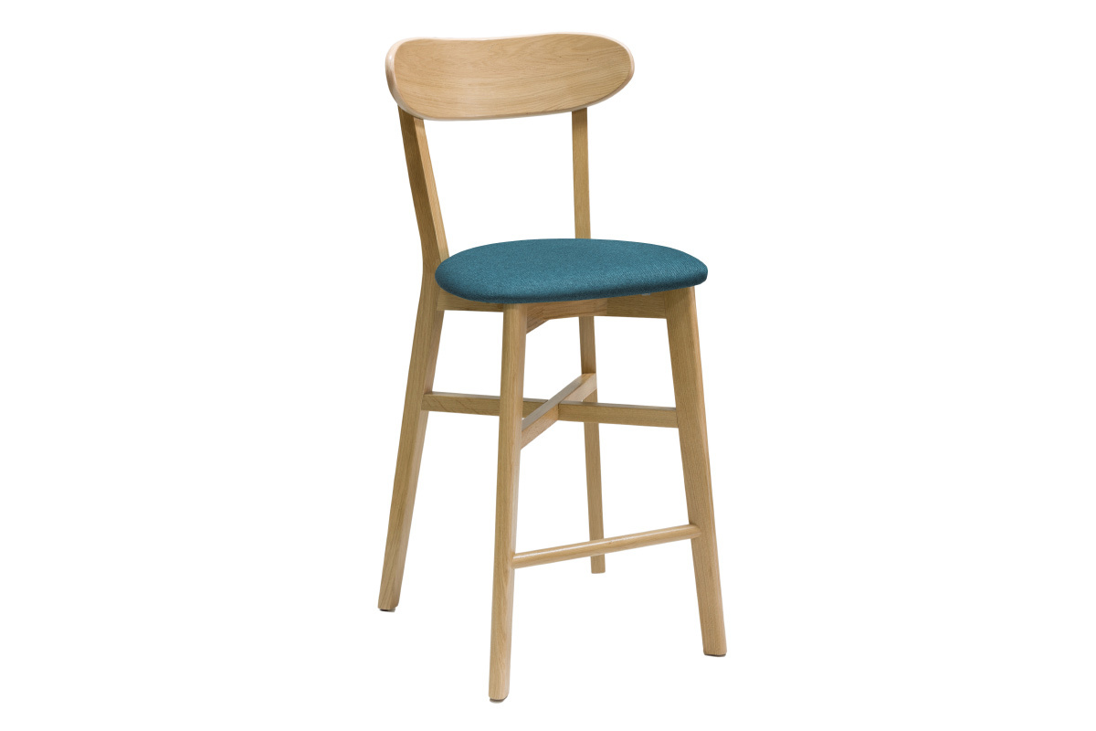 Taburete de cocina vintage de roble y tela azul petrleo 65cm DOVE