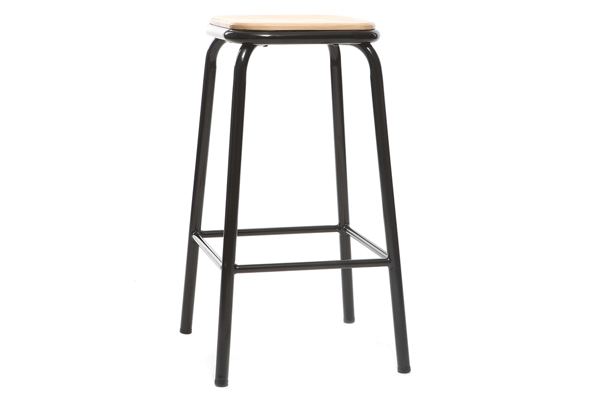 Taburete industrial negro y madera clara 65 cm  lote de 2 MEMPHIS