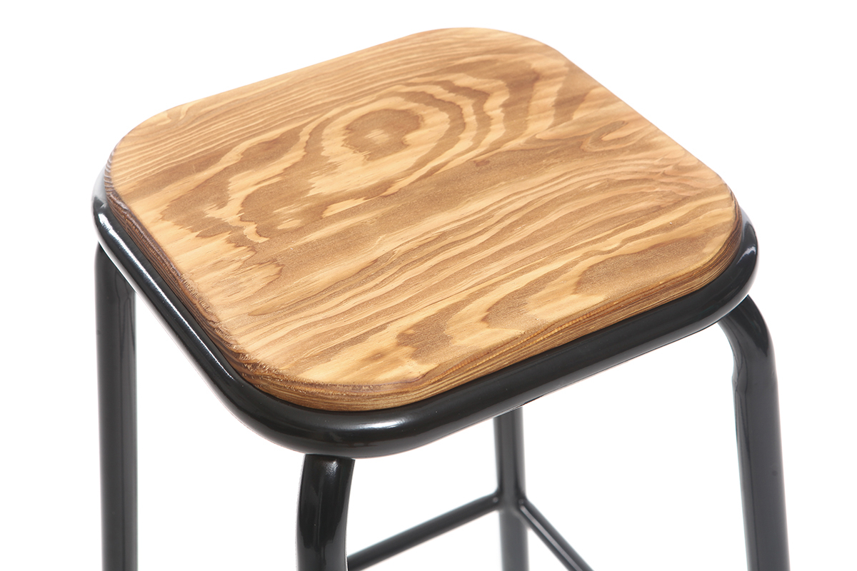 Taburete industrial negro y madera oscura 65 cm lote de 2 MEMPHIS
