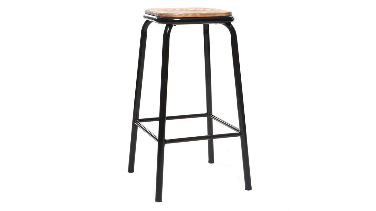 Taburete industrial negro y madera oscura 65 cm lote de 2 MEMPHIS