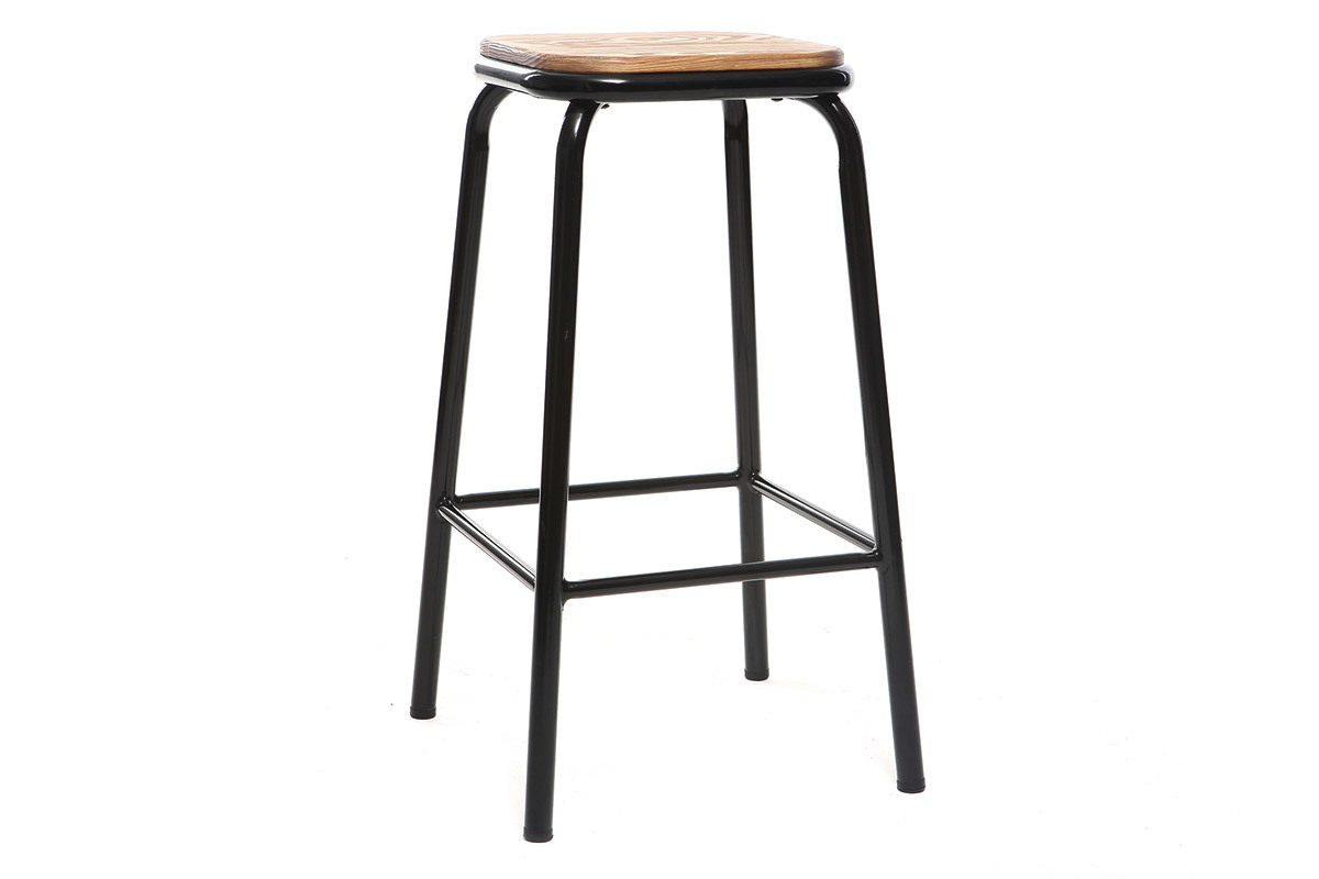 Taburete industrial negro y madera oscura 65 cm lote de 2 MEMPHIS
