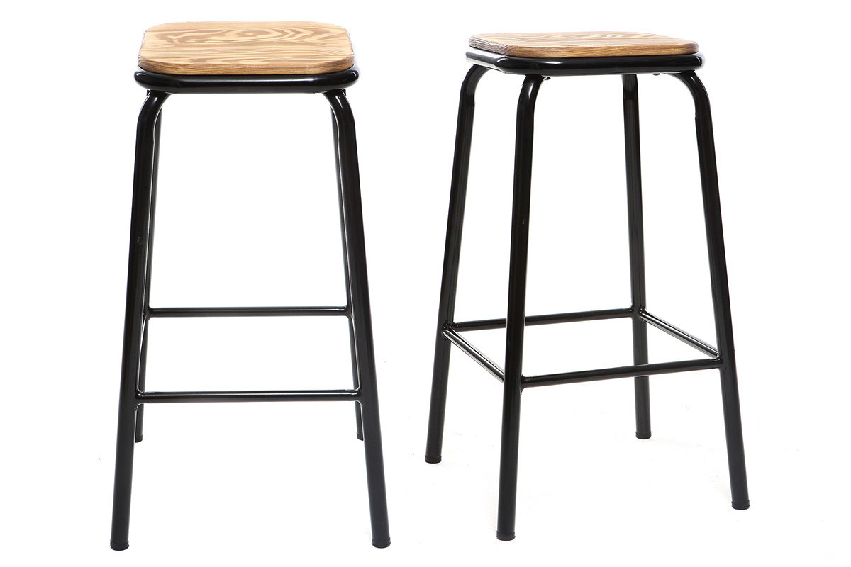 Taburete industrial negro y madera oscura 65 cm lote de 2 MEMPHIS