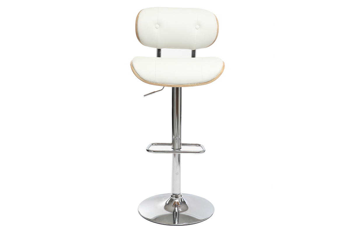 Taburete moderno/vintage polipiel blanco y madera clara MARTY