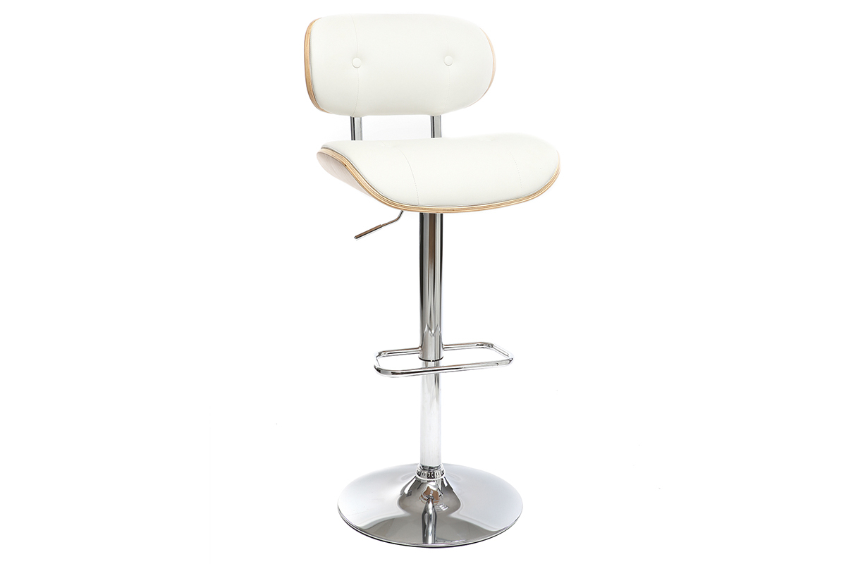 Taburete moderno/vintage polipiel blanco y madera clara MARTY