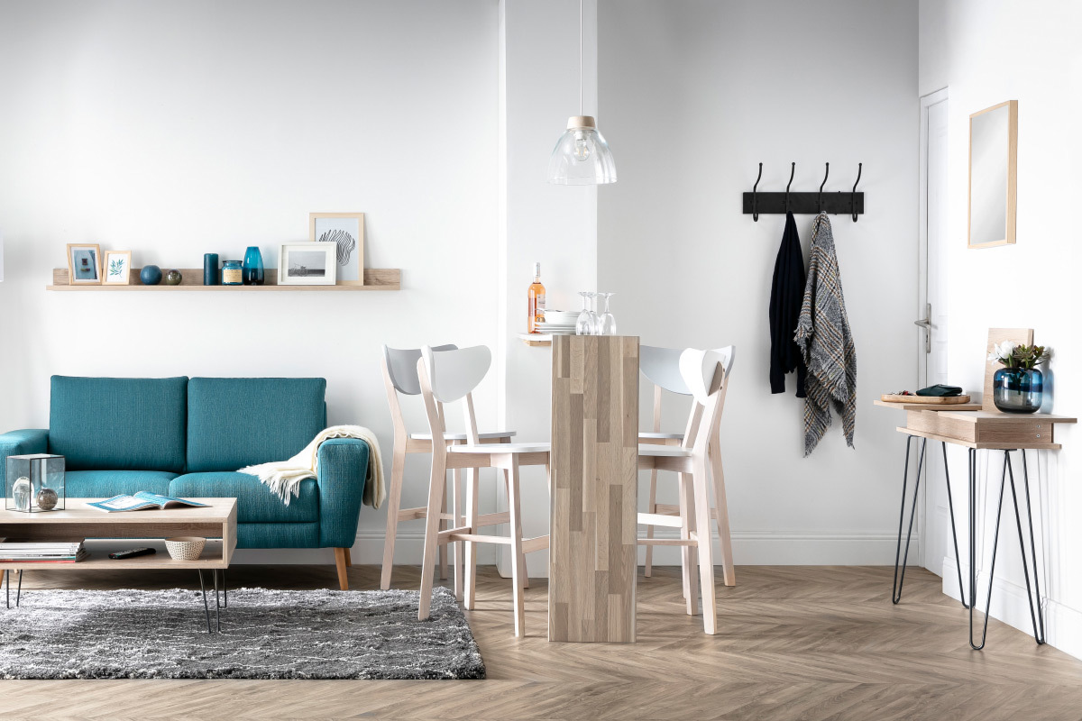 Taburete nrdico blanco y madera 65cm lote de 2 LEENA