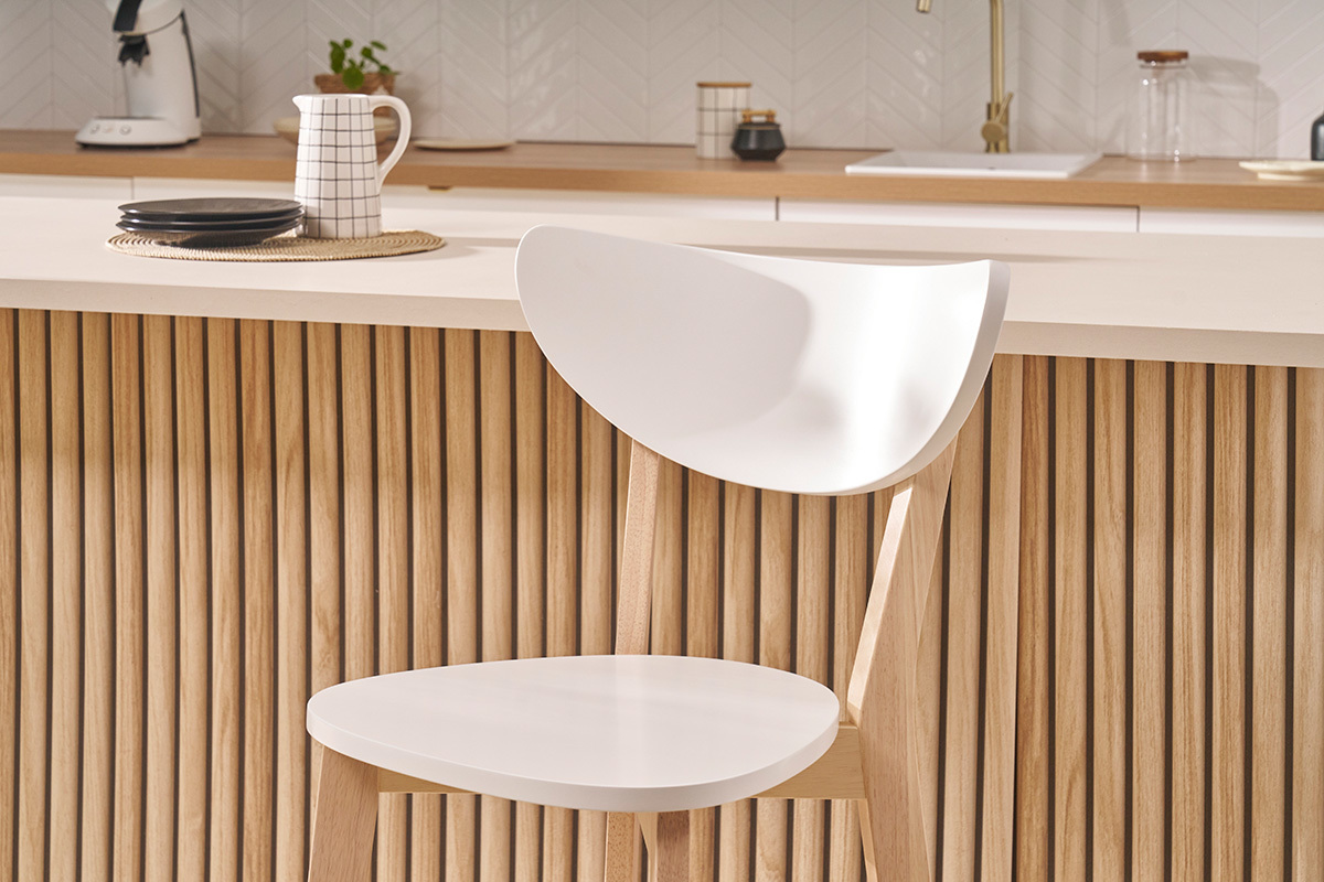 Taburete nrdico blanco y madera 65cm lote de 2 LEENA