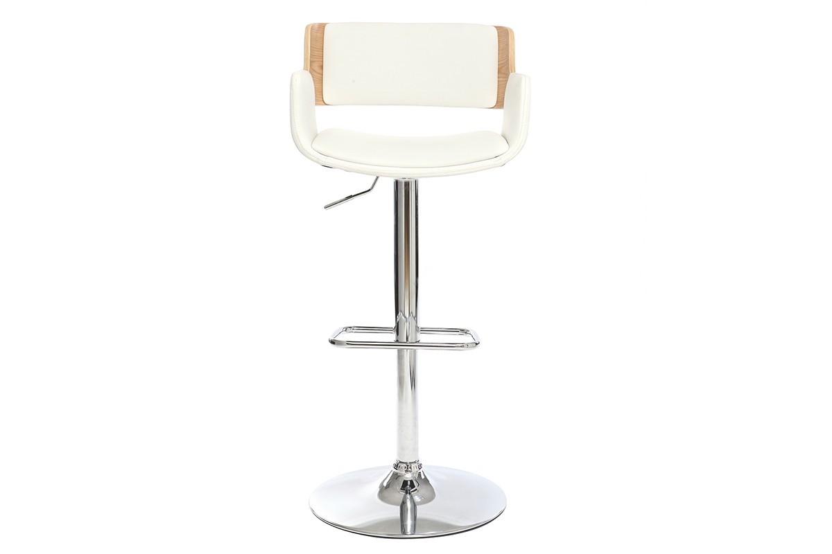 Taburete  vintage polipiel blanco y madera clara RAY