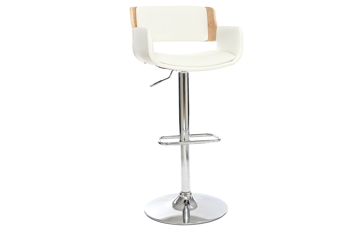 Taburete  vintage polipiel blanco y madera clara RAY