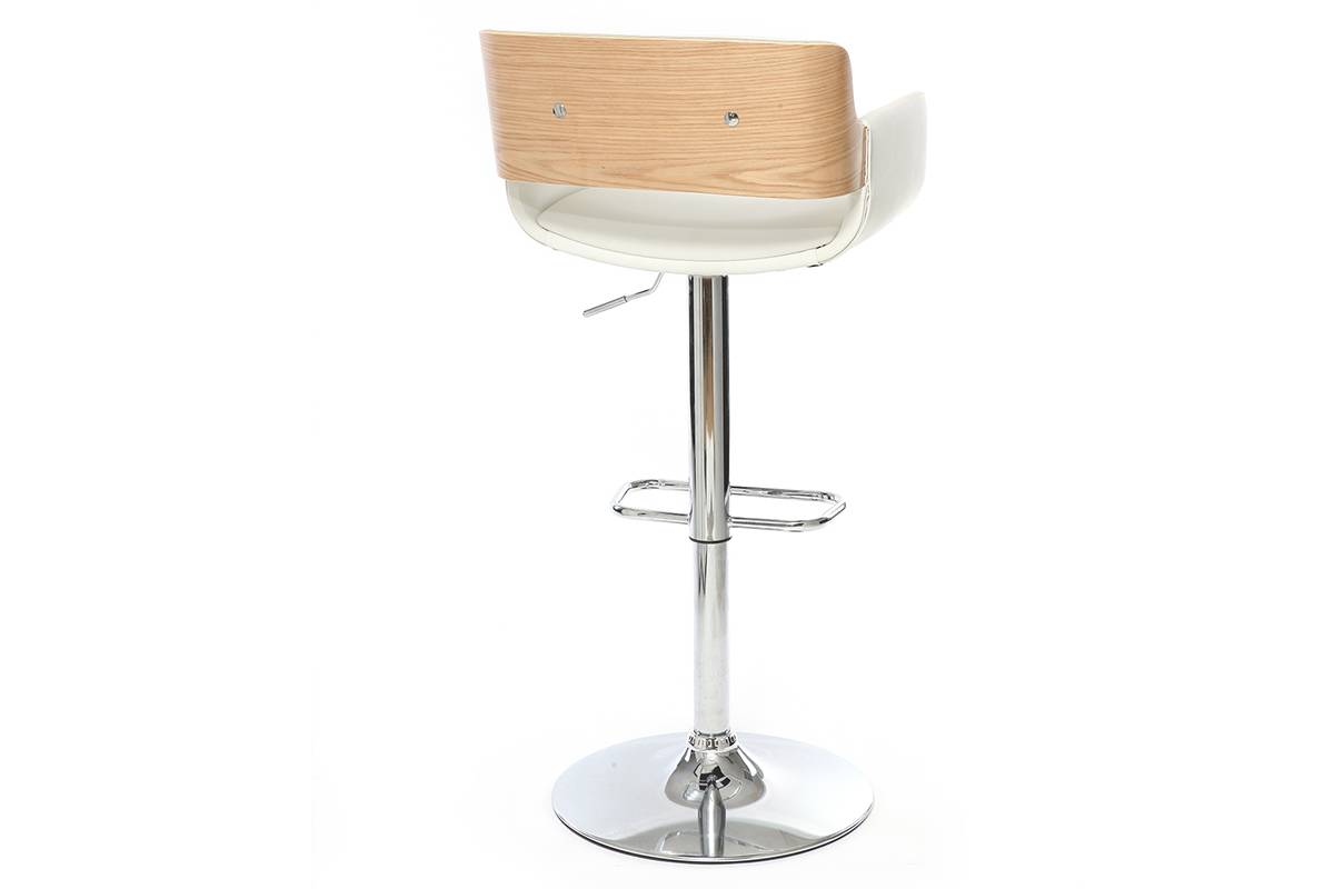 Taburete  vintage polipiel blanco y madera clara RAY