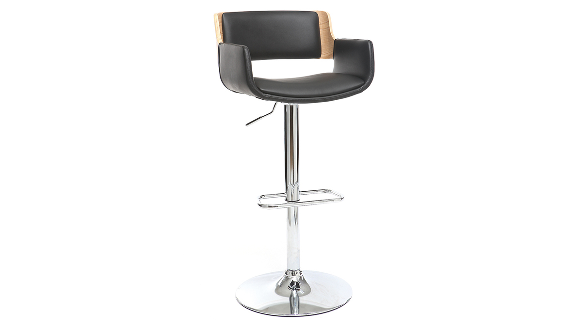 Taburete  vintage polipiel negro y madera clara RAY