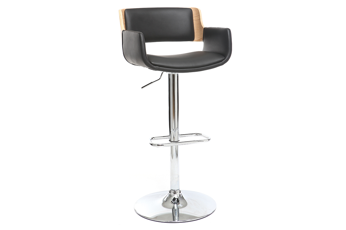 Taburete  vintage polipiel negro y madera clara RAY