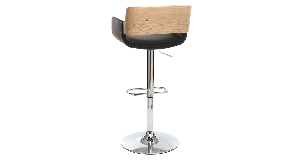 Taburete  vintage polipiel negro y madera clara RAY