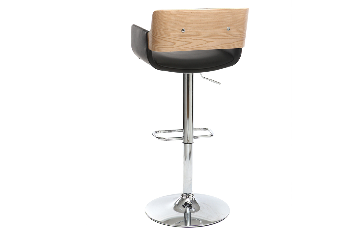 Taburete  vintage polipiel negro y madera clara RAY