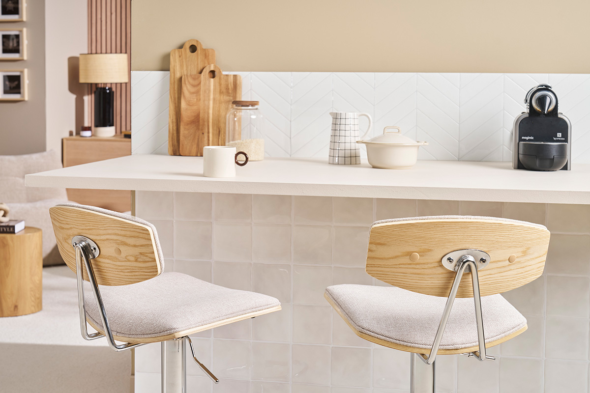 Taburetes de bar ajustables de diseo en tela de terciopelo beige texturizado y metal (juego de 2) VASCO