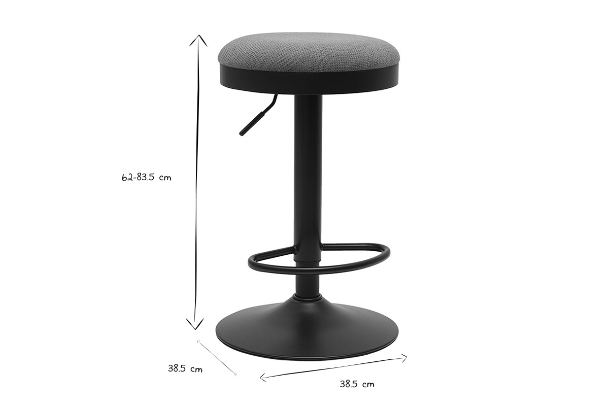 Dimensiones de los taburetes de bar THOR en negro y blanco, altura regulable de 62 a 83,5 cm, di�metro de 38,5 cm.