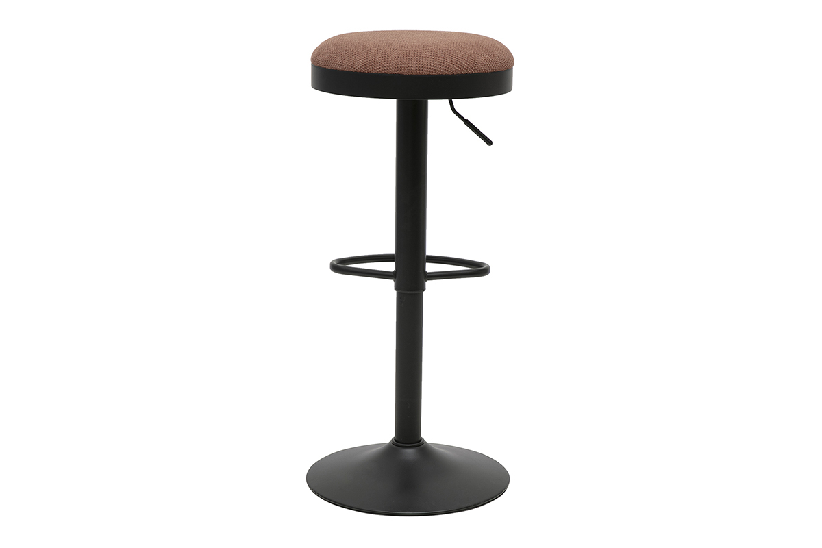 Taburete de bar ajustable en tejido chenilla color tierra quemada y metal negro, vista trasera.
