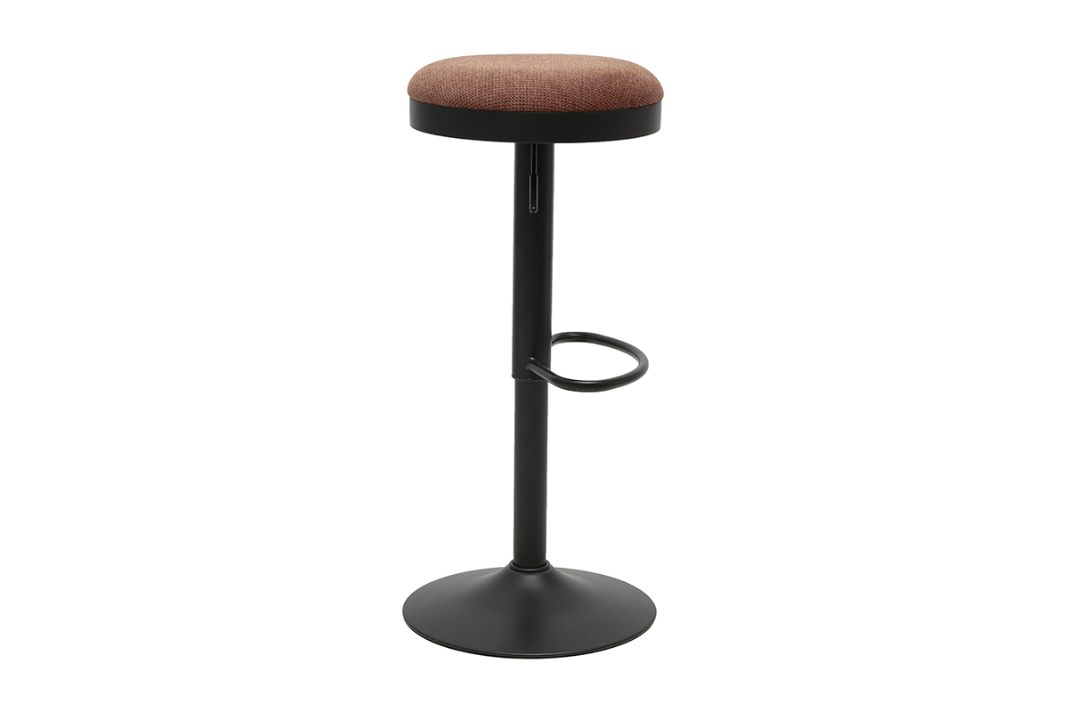 Taburete de bar regulable en tejido chenilla color tierra quemada y metal negro, vista de perfil.