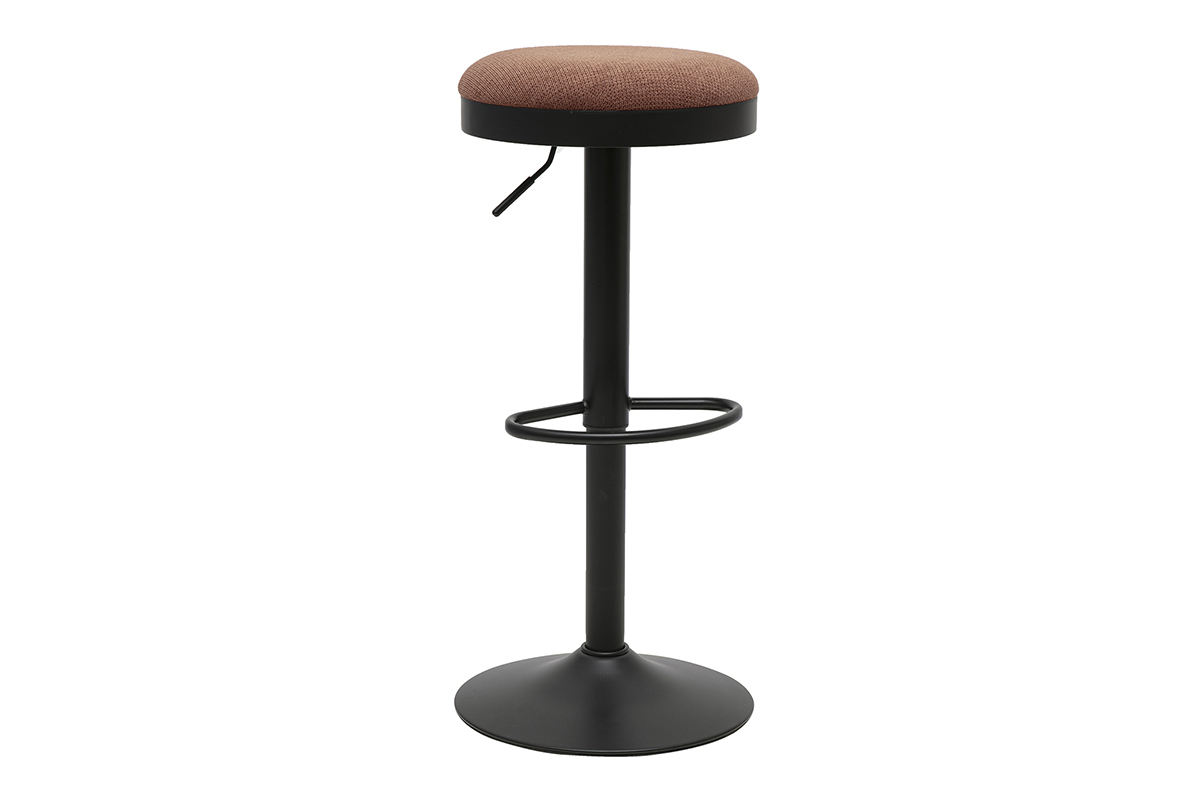 Taburete de bar ajustable en tejido chenilla color tierra quemada y metal negro, vista de 3/4