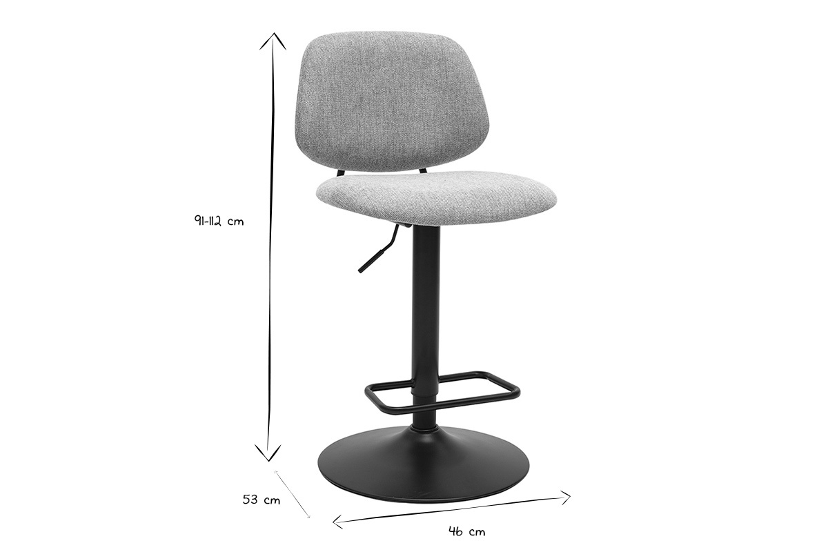 Dimensiones de un taburete de bar: altura 91-112 cm, ancho 53 cm, profundidad 46 cm, en negro y blanco.