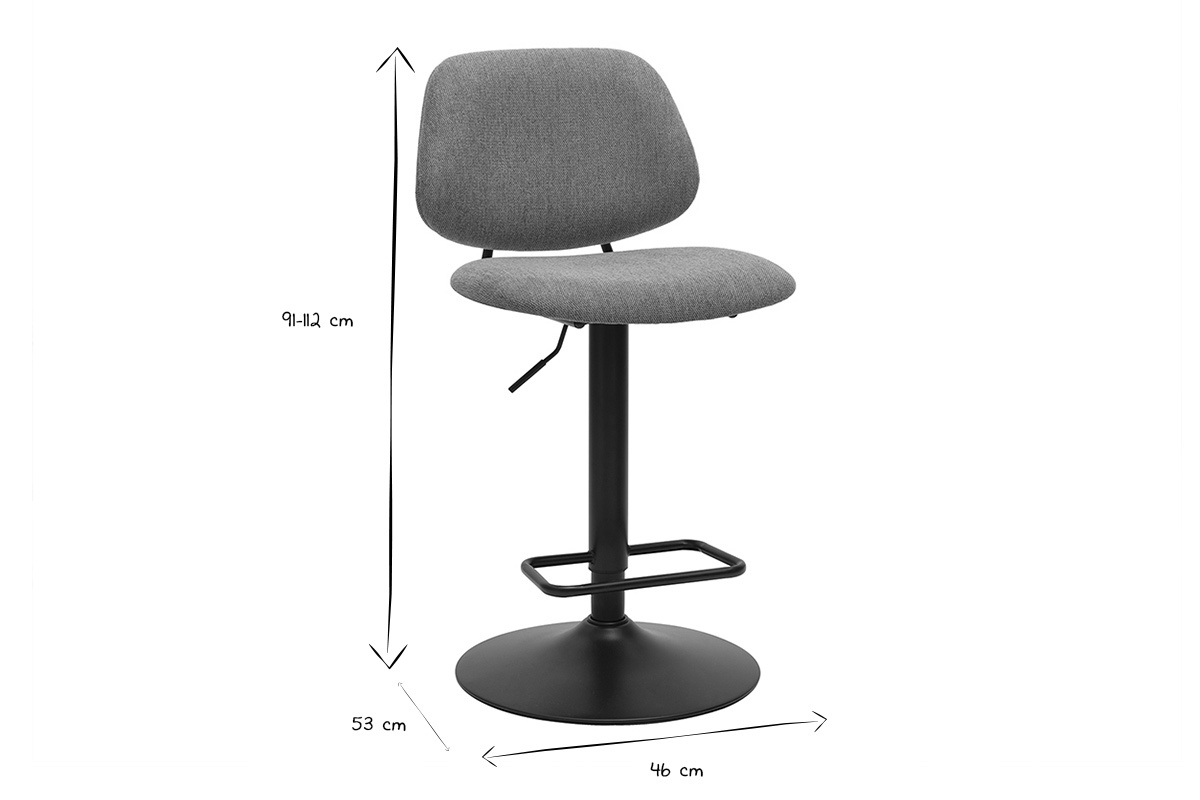 Dimensiones del taburete BARNET en negro y blanco: altura 91-112 cm, ancho 53 cm, profundidad 46 cm.
