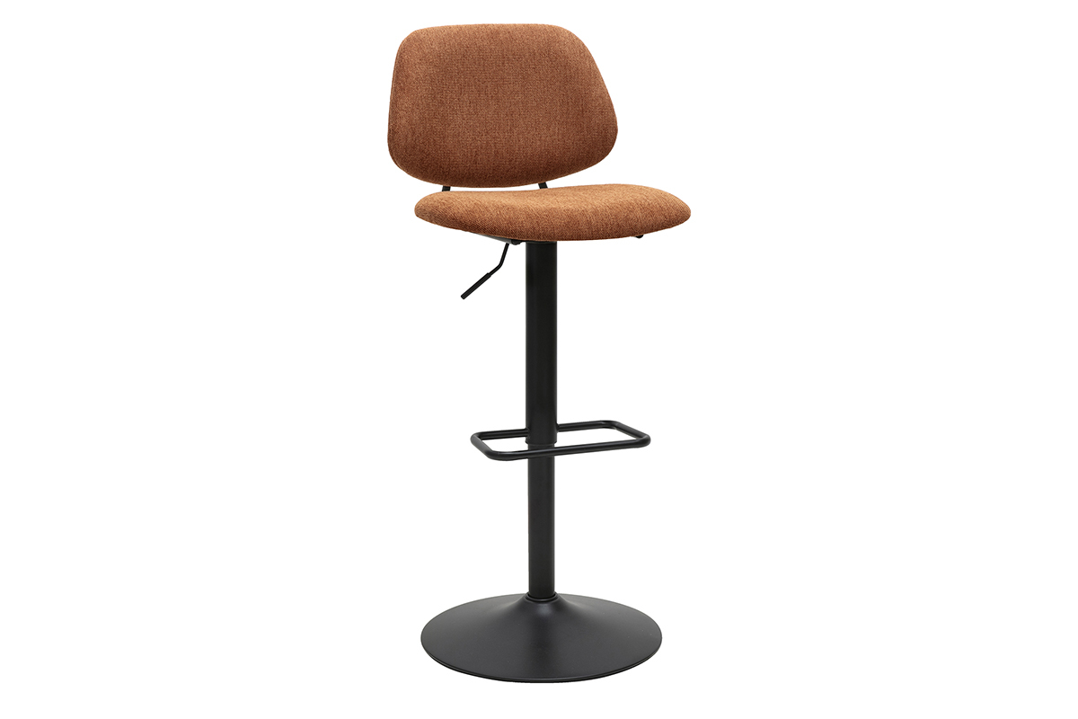 Taburete de bar de dise�o en tela efecto terciopelo tierra quemada y metal negro, vista de 3/4.
