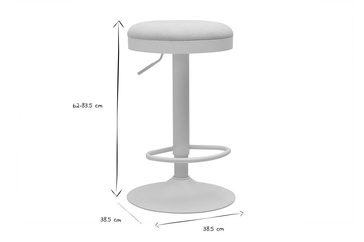 Dimensiones de los taburetes de bar ajustables: altura 62-83.5 cm, di�metro 38.5 cm, imagen en blanco y negro.