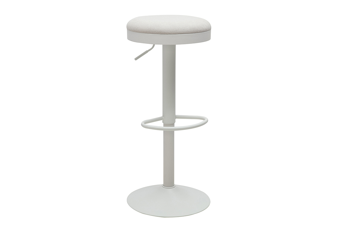 Taburete de bar ajustable en tejido de chenilla crudo y metal blanco, vista de 3/4.